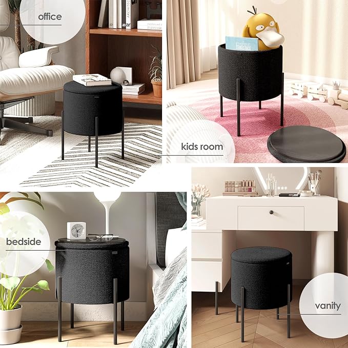 STORAGEBUD Round Ottoman with Storage, Boucle Storage Foot Stool, Makeup Vanity Stool, Small Ottoman Foot Rest, Modern Ottomans for Living Room and Bedroom, Black