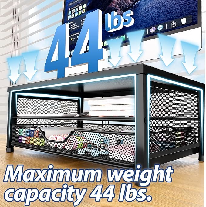 Desk Organizers and Accessories, 2-Tier Computer Monitor Stand Riser with Drawer, Laptop Stand, Office Desk Accessories, Workspace Desktop Organizer for Office Supplies, Black