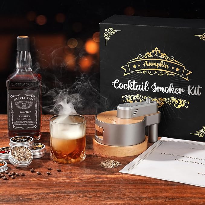 Premium Whiskey Smoker Kit with Torch, 6 Flavors Wood Chips, 2 Glasses, 2 Ice Ball Molds, Old Fashioned Drink Cocktail Smoker Kit, Birthday Bourbon Gifts for Men, Dad, Husband, Sliver Grey (NO Butane)