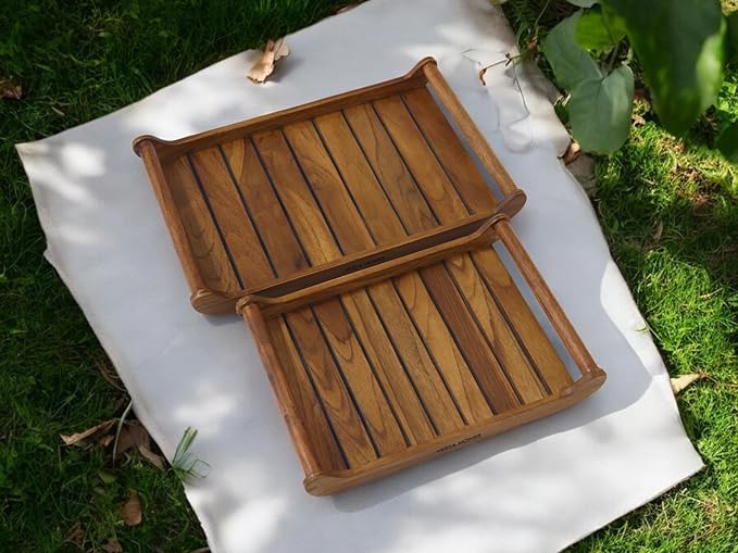 Vesta Homes Set of 2 Romper Teak Wood Rectangular Serving Tray for Home/Kitchen/Restaurant/Office Organizer/Dining Table|Premium Wooden Trays| 18 X 12 ; 15 x 10 inches | Handcrafted in India