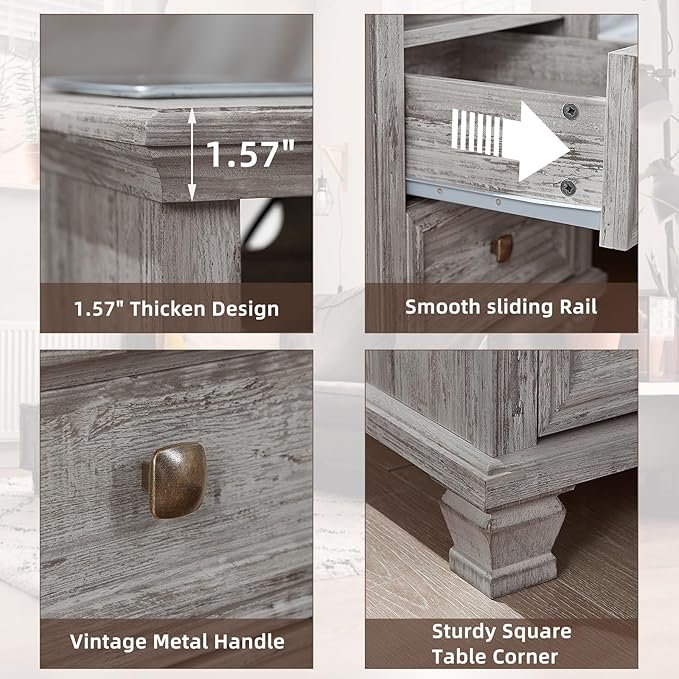 Farmhouse Nightstand with Charging Station, Rustic Grey Nightstand,2 Drawers End Table for Living Room,Bedside Table with Open Shelf for Bed Room,Grey