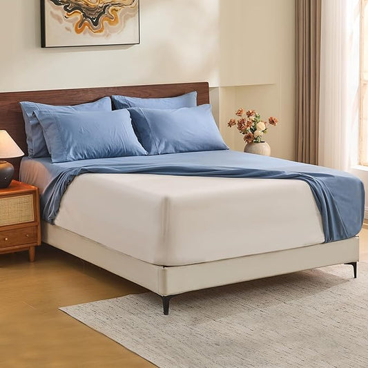 MEISHANG 100% French Pure Linen Sheets California King Size - Extra Deep Pocket Sheet Set, Soft Durable Flax Linen, Anti-Tear Breathable & Oeko-Tex Certified 18-24 Deep Pocket,All Season(Dusty Blue)