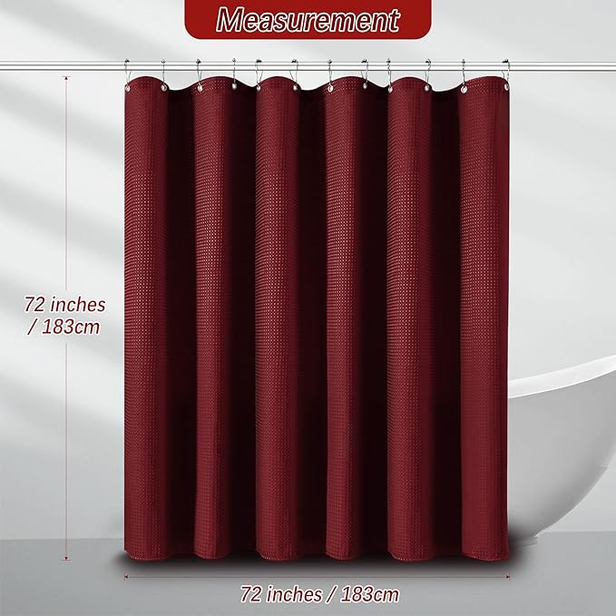 Elegant Burgundy Fabric Shower Curtain - Waffle Textured Heavy Duty Cloth Curtains for Bathroom, 256GSM Hotel Spa Luxury Weighted Polyester Bath Curtain Set with 12 Hooks 72Wx72H