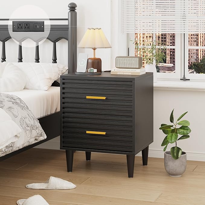 Alohappy Night Stand with Charging Station, Bedside Table with 2 Drawers, Mid Century Modern End Table, Bed Side Table with USB Ports and Outlets, Nightstand for Bedroom, Black 1pc