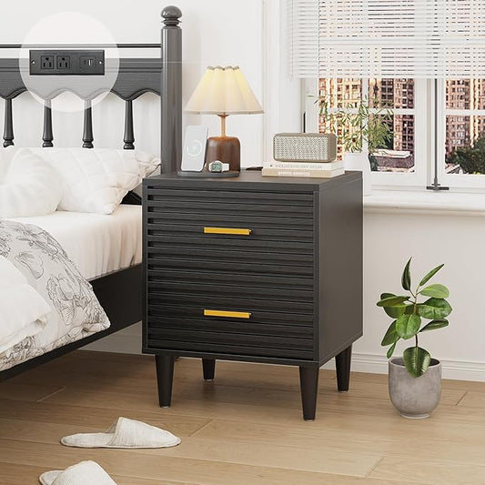 Alohappy Night Stand with Charging Station, Bedside Table with 2 Drawers, Mid Century Modern End Table, Bed Side Table with USB Ports and Outlets, Nightstand for Bedroom, Black 1pc