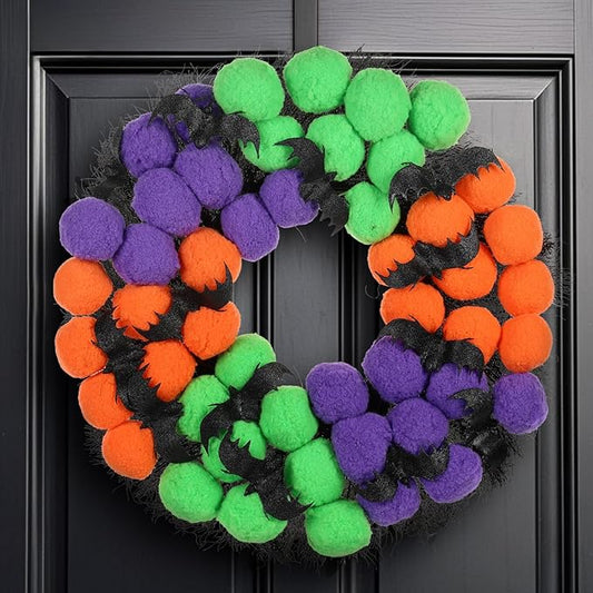 Halloween Wreath, 24inch Halloween Wreaths for Front Door, Pompom Wreaths with bat and Skull for Indoor,Outdoor, Wall, Window Porch Patio Garden Farmhouse Home Party Prom Decoration.