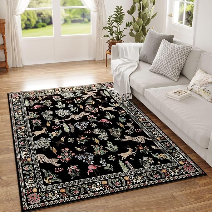 Rugcomf Area Rug 4x6 Rug Washable Boho Rugs Non Slip Low Pile Floral Animal Small Carpet for Bedroom, Bedside, Kids Room, Office, Dining Room (Black)