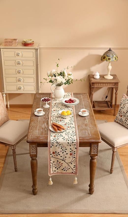 ISAENNE Designer Elegant Linen Floral Extra Long Table Runner 118 Inches,Farmhouse Light Beige Durable Decor Table Runners for Dining Tables,Thanksgiving,Kitchen Tables,Christmas,12"*118"-Flora A