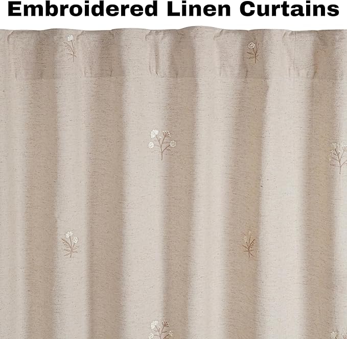 Bedding Craft Linen Drapes, Linen Room Darkening Curtain, Flax & Drapes, Natural Taupe 108 inch_Embroidered