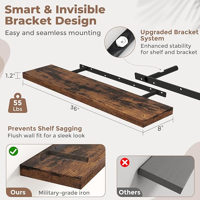 Floating Shelves for Wall with Invisible Brackets, Wall Mounted Engineered Wood Shelves with Wood Grain for Living Room, Bathroom, Kitchen Decor and Storage, Oak, 36"L Set of 2, Rustic Brown