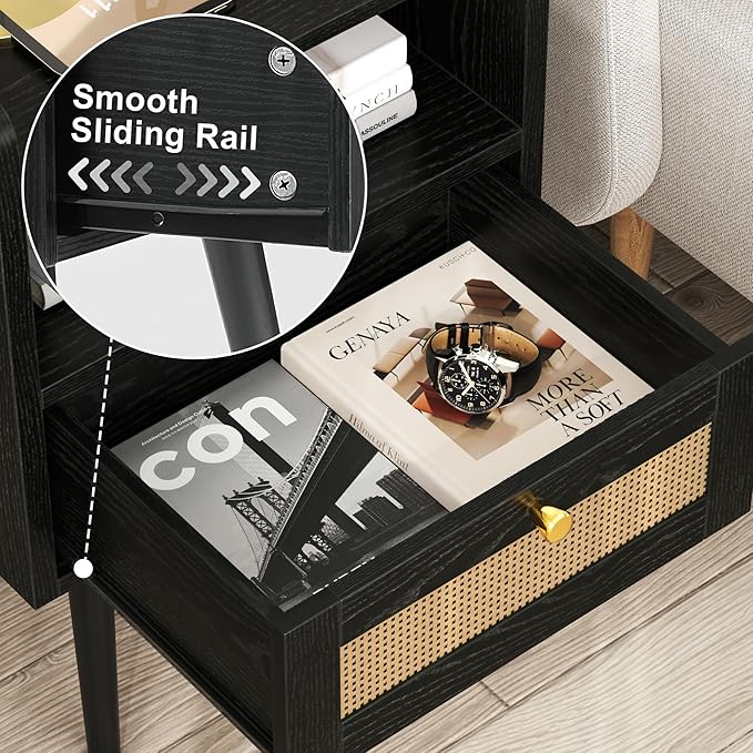 Rattan Nightstand with Charging Station, Mid Century Modern Bed Side Table with Drawer Open Shelf, Boho End Table with Solid Wood Legs,Bedside Tables for Kids' Room Farmhouse Bedroom Living Room Dorm