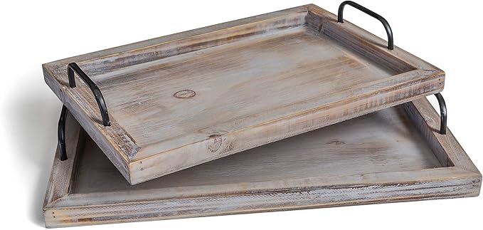 Besti Rustic Vintage Food Serving Trays (Set of 2) | Nesting Wooden Board with Metal Handles | Stylish Farmhouse Decor Serving Platters | Large: 15 x2 x11” - Small: 13 x2 x9” inches (Rustic)