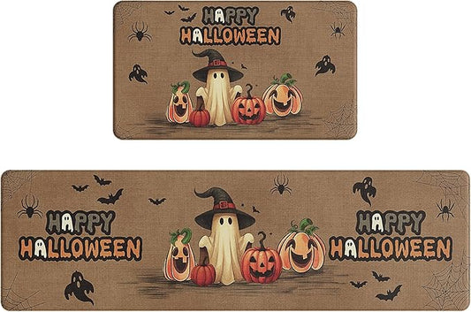GENIMO Halloween Decorations - Kitchen Mats for Floor, 2PCS Kitchen Rugs, Cushioned Anti Fatigue Mat for Home Decor, Waterproof Non-Slip Comfort Standing Mat for Laundry, 17.3"x59"+17.3"x30", Brown