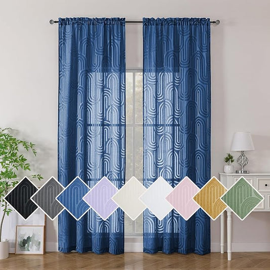 Simplebrand Dusty Blue Sheer Curtains 96 Inches Long 2 Panels for Living Room, Jacquard Clip Textured Geometric Mid Century Sheer Curtains, Light Filtering Elegant Long Curtains Sheer, 42" Wx96 L