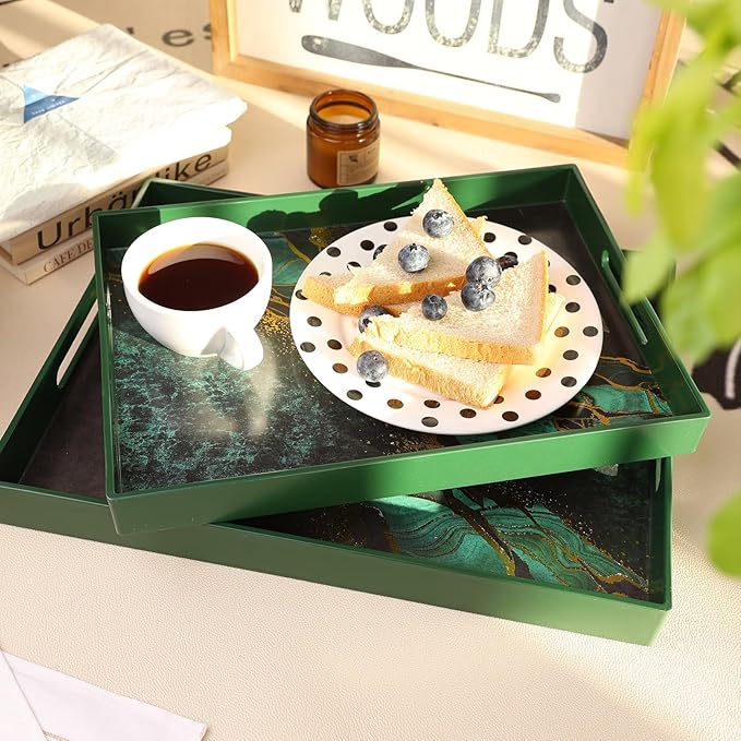 Set of 2 Green Marble Serving Trays with Handles, Plastic Nesting Trays for Coffee Table, Ottoman, Kitchen, Living Room, Outdoor, Patio, Large 15.7”*11.8”*1.6”, Small 13.7”*9.8”*1.4”