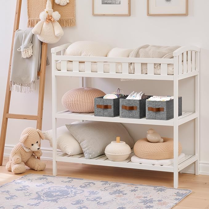 GRANNY SAYS Small Fabric Storage Bins with PU Handles, Storage Baskets for Shelves, Toilet Paper Storage, Narrow Baskets for Organizing DVD, Photos, Clothes, Diaper, Sock, Cd, 6-Pack, Gray