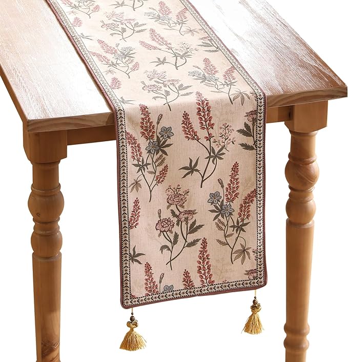 ISAENNE Designer Light Beige Linen Extra Long Table Runner 118 Inches,Vintage Floral Wrinkle Resistant Table Runners for Dining Tables,Christmas,Thanksgiving,Kitchen Tables,12"*118"-Helena A