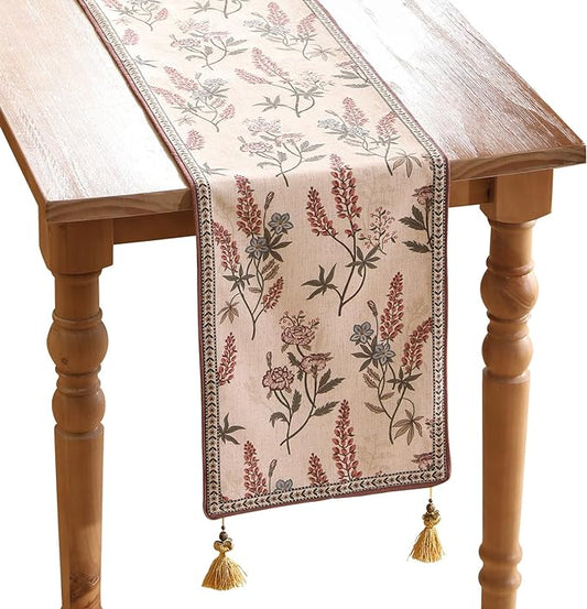 ISAENNE Designer Light Beige Linen Extra Long Table Runner 118 Inches,Vintage Floral Wrinkle Resistant Table Runners for Dining Tables,Christmas,Thanksgiving,Kitchen Tables,12"*118"-Helena A