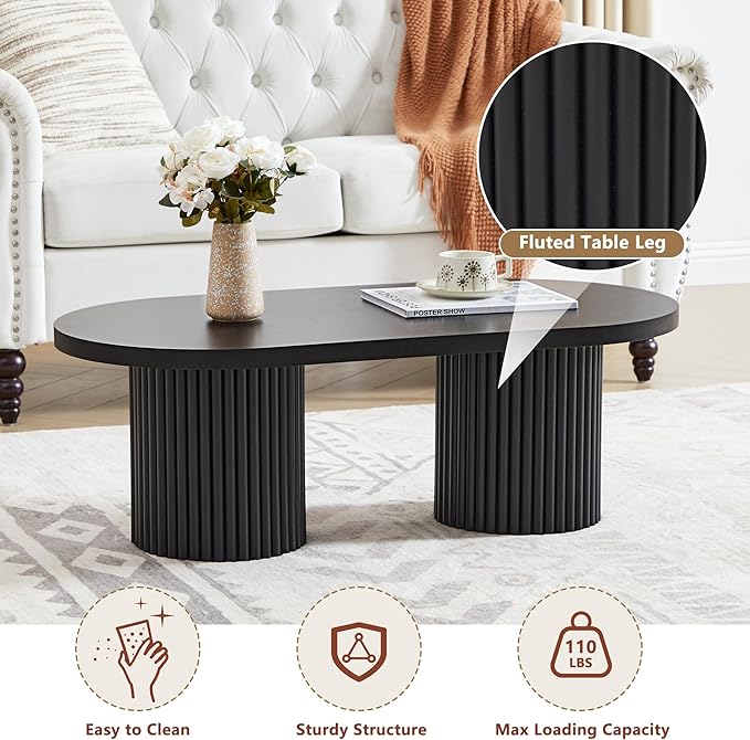 AVZEAR Oval Fluted Coffee Table for Living Room, Mid Century Modern Coffee Table with Fluted Legs, Curved Round Wooden Center Table for Home, Office, Cafe, Black (39.38" x 19.69" x 13.78")