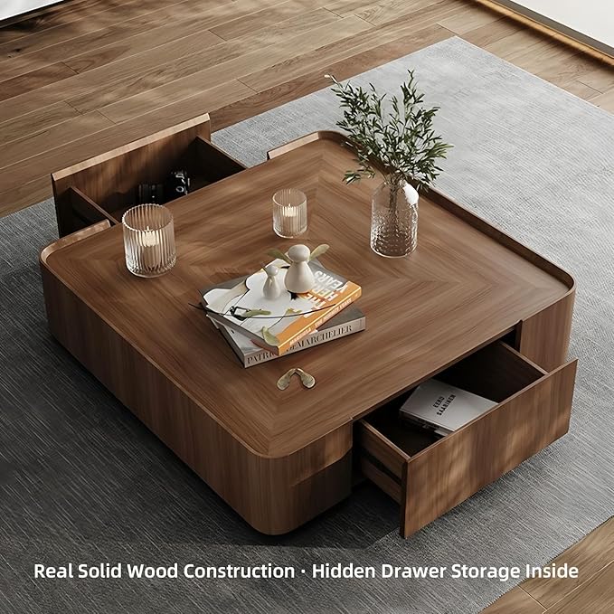 Luxury Solid Wood Coffee Table with Hidden Drawer, Fully Assembled Square Center Table for Living Room, Raised Edge Design, No Installation Needed, Premium Walnut Finish (35.43" Square Coffee Table)