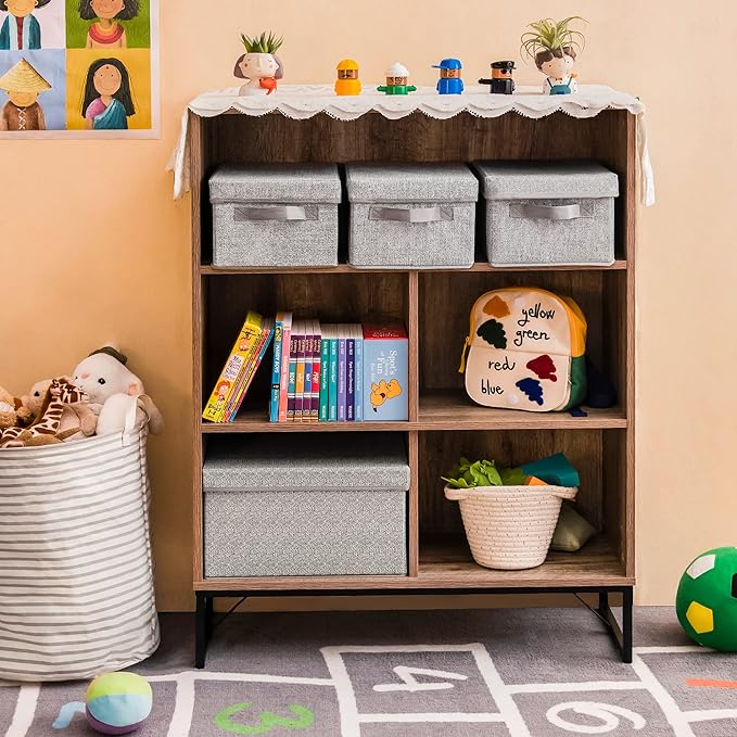 GRANNY SAYS Closet Storage Bins, Fabric Boxes with Lids, Shelf Baskets for Closet Organization, Stackable Storage Containers, Gray, Medium, 3-Pack