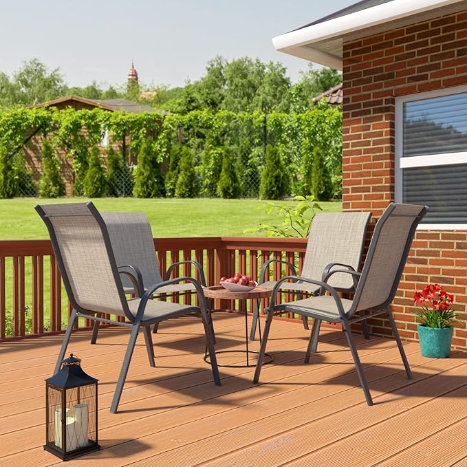 Amopatio Patio Chairs Set of 4, Outdoor Stackable Dining Chairs for All Weather, Breathable Garden Outdoor Furniture for Backyard Deck, Brown