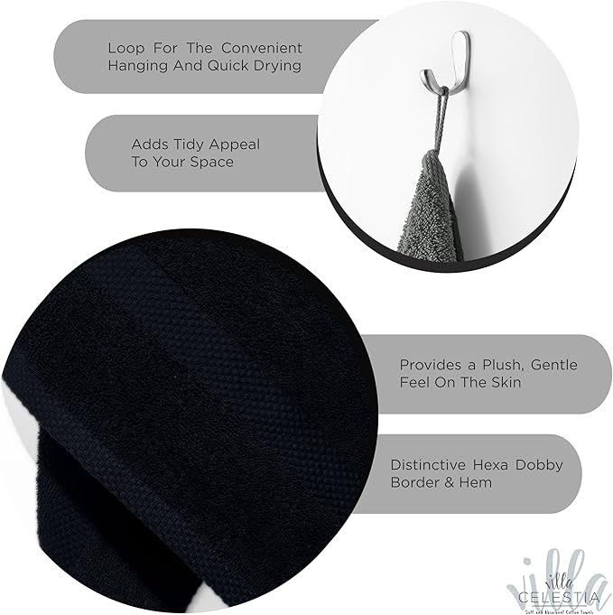 100% Cotton Bath Towel Set of 24-6 Bath Towels, 6 Hand Towels, 12 Wash Cloths, Sustainable, Soft, Highly Absorbent, Combed Cotton 24 Piece Set for Hotels, Spa, Bathroom, Dorm, Black