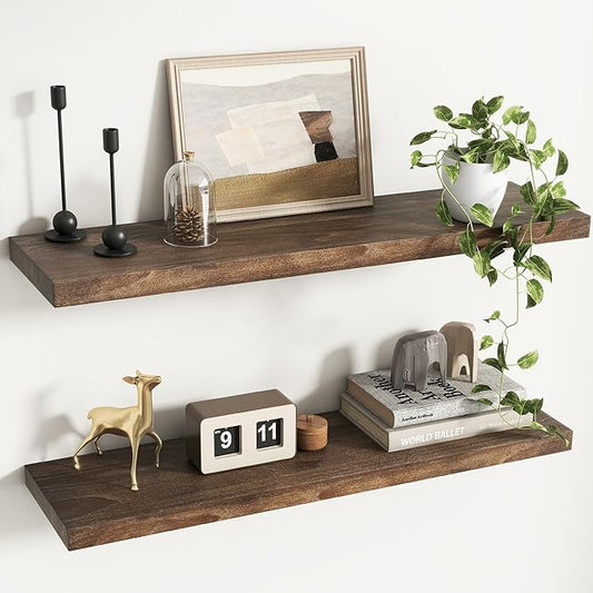 Rustic Elm Wood Floating Shelves for Wall, Flat Edge 36"W x 9.2"D x 1.4"H, Set of 2 with Invisible Bracket, Wall Mounted Storage Shelves for Living Room Bedroom Kitchen Bathroom Decor, Walnut Finish