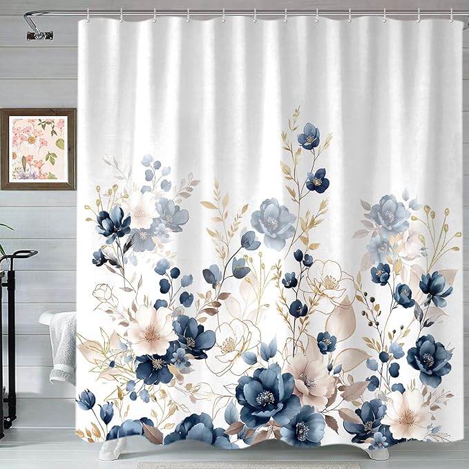 Sanzugh Navy Blue and Gold Flower Shower Curtain, Boho Watercolor Floral Leaves Cute Fabric Shower Curtains Set for Bathroom Decorative with Hooks 60 X 72 inch Beautiful Bath Decor