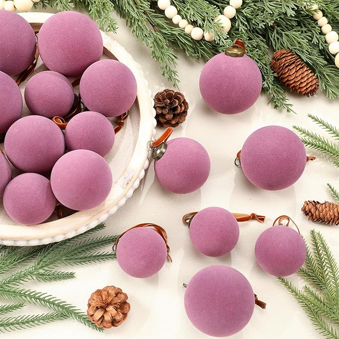 36 Pcs Velvet Christmas Balls Bulk - Flocked Christmas Tree Ball Ornaments Hanging Decoration for Xmas Tree, Wreath, Home or Party Decorations, 2.36", 2.76", 3.15"(Taro Purple)