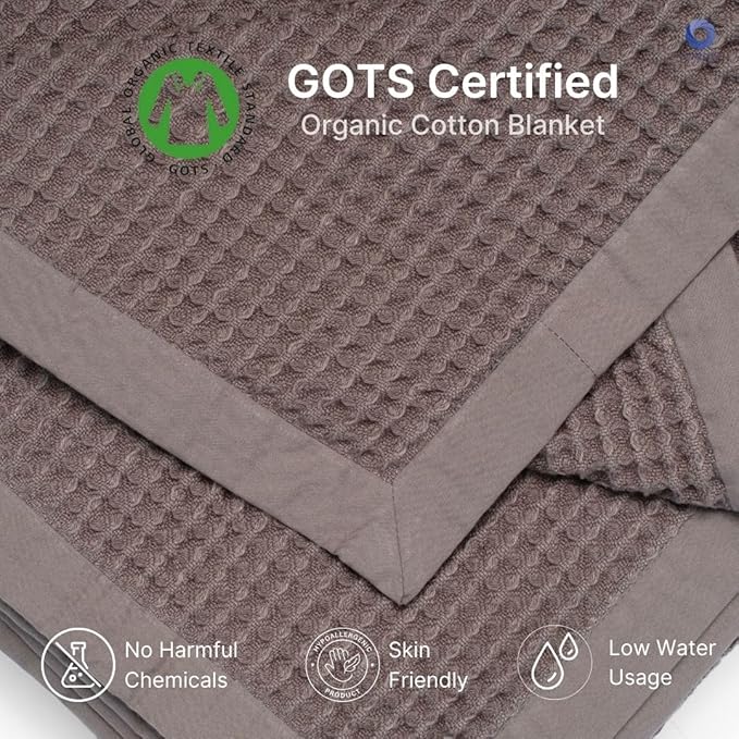 GOTS Certified Organic Cotton Waffle Weave Blanket, Throw Bed Blanket, 50"X60"Cozy Throw Blanket for Couch, Modern Home Decor, Throw Blankets,Waffle Blanket, Soft Bed Blankets -Charcoal Grey