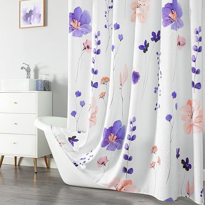 QIYI 3D Embossed Butterflies Blue Purple Flower Shower Curtain, Minimalist White Cloth Textured Waterproof Fabric Set with Hooks, 72x72