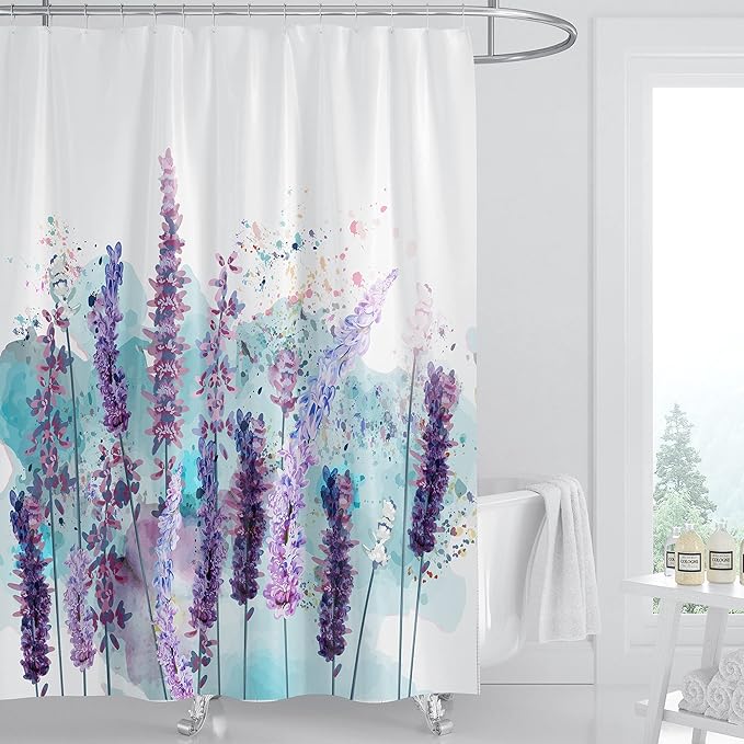 Domoku Lavender Shower Curtain Watercolor Floral Shower Curtain Spring Plant Home Bathroom Bathroom Curtains Set Waterproof Fabric with 12 Hooks (72 * 72inch/180cm*180cm)