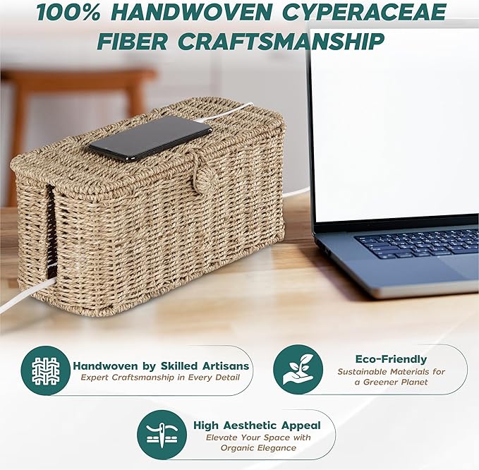 BLUEWEST Large Cable Management Box, Natural Rattan Cable Cord Organizer Boxes for Power Strip – 2 Open Slots Cords Hider Box for TV Wires, Computer, Router, USB Hub and Under Desk Power Strip