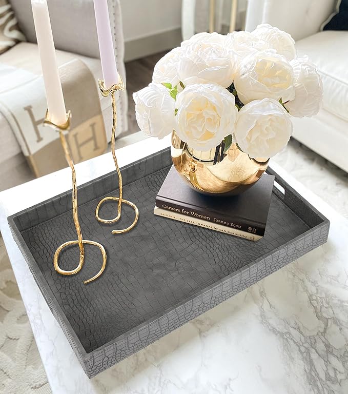 HofferRuffer Rectangle Serving Tray with Hole Handles for Coffee Table, Breakfast, Tea, Food, Butler - Countertop, Kitchen, Vanity Serve Tray, 16.2 x 12.2 x 2 inches, Faux Leather Tray (Dark Grey)