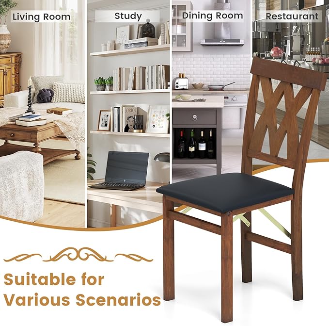 GOFLAME Folding Dining Chairs Set of 4, Foldable Kitchen Chairs with PVC Leather Padded Seat and Rubber Wood Frame, Elegant Hollowed Backrest, Wooden Dinner Chair Set for Dining Room, Walnut