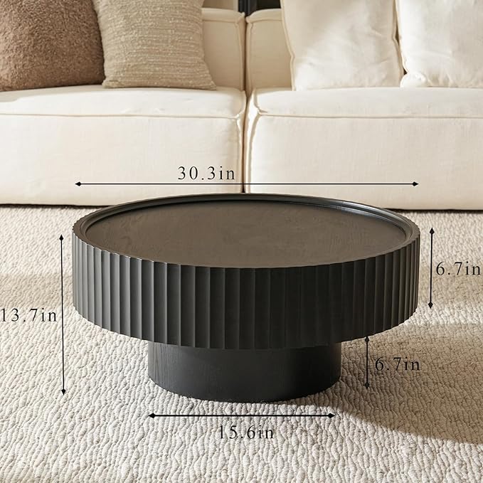 Round Coffee Table, Modern Living Room Tables with Mushroom Shape and Grooved Design, Large Coffee Tables, Circle Pinewood Center Table for Living Room, Apartment (Black, 30.3''L×13.7''H)