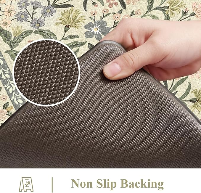 Collive Kitchen Mats for Floor 2PCS, Cushioned Anti Fatigue Rugs Non Slip Waterproof Kitchen Sink Mat, Floral Comfort Standing Mat for Bar, Office, Desk, Home Decor, Beige 20" x 47" + 20" x 32"