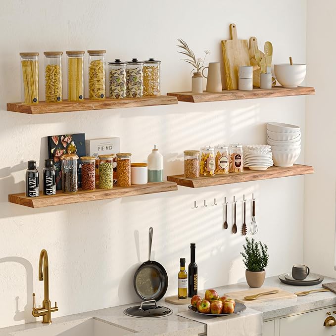 Fun Memories Floating Shelves for Wall Decor, Rustic Solid Elm Wood Live Edge Floating Shelves Wall Mounted, Heavy-Duty Shelf with Invisible Bracket for Living Room Kitchen, 48 Inch Set of 1, Natural