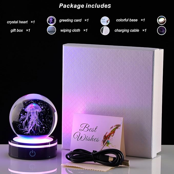 3D Crystal Ball Jellyfish Decoration, Gift for Men and Women: Ocean Biology Night Light, Gift for Daughter/Son, Birthday, Colleagues, Christmas, Teacher Thanks Gift, Home Decoration