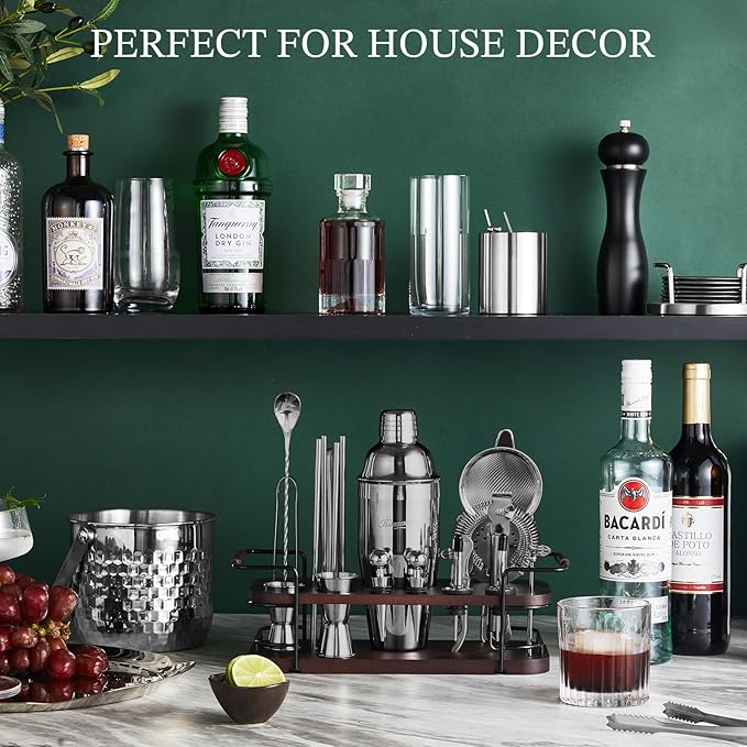 KITESSENSU Cocktail Shaker Set Bartender Kit with Stand | Complete 24-Piece Bar Set Cocktail Kit with All Bar Accessories, Black