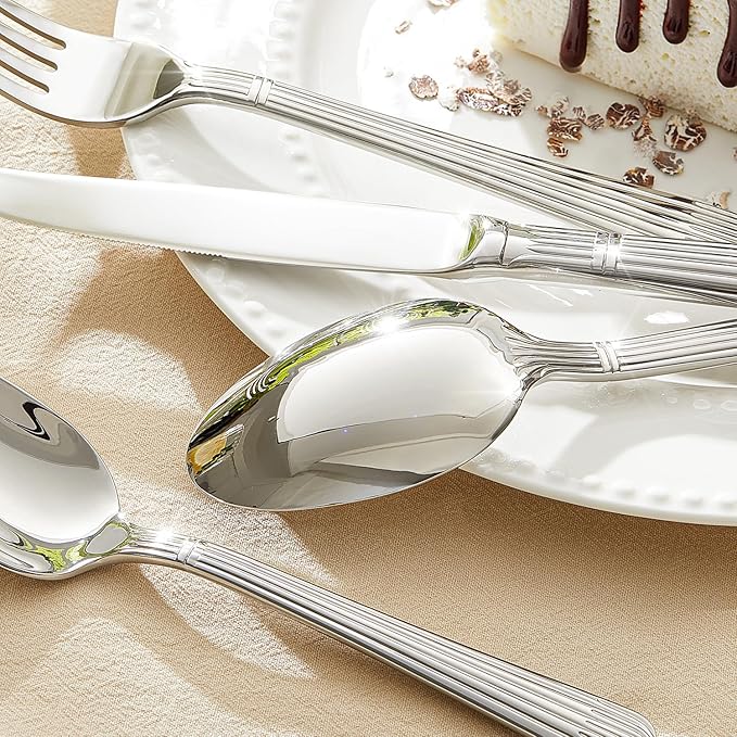 KINGSTONE 5-Piece Silverware Set, 18/10 Stainless Steel Flatware Set - Luxury Elegant Striped Cutlery with Dishwasher Safe, Durable for Family Dining, Catering, Weddings, Anniversaries Gift