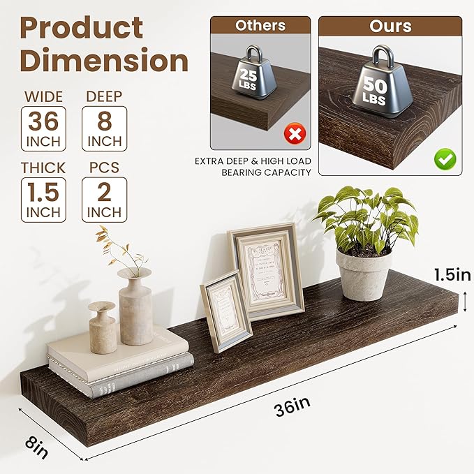 Floating Shelves, 8" Deep Rustic Solid Elm Wood Wall Mounted Floating Shelves, Wall Shelves with Invisible Bracket for Living Room Bathroom Bedroom Kitchen, 36 Inch Set of 2, Walnut