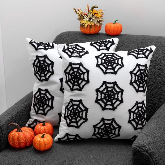 Set of 2 Halloween Spider Web Throw Pillow Covers 18x18 Inch Black White Spider Web 3D Protruding Throw Pillow Cases Soft Halloween Couch Cushion Case for Home Sofa Room Decoration