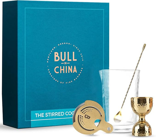 4 Piece Cocktail Kit by Bull In China - Premium Bartender Gift Set Includes Flagship Mixing Glass, 12 inch Barspoon, Bell Jigger & Hawthorne Strainer For Professional & Home Bars (Gold)