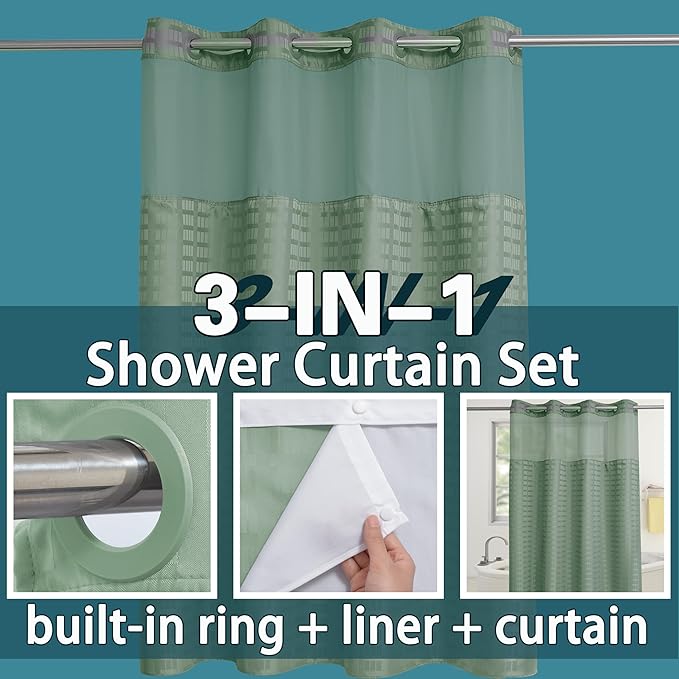 Conbo Mio Stall No Hook Sage Green Shower Curtain with Snap in Liner Set, Hotel Luxury Shower Curtains for Bathroom with See Through Top Window, Waterproof, Washable 54W x 74H