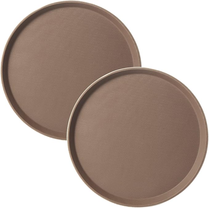 CURTA 2-Pack Restaurant Grade Non-Slip Tray, NSF, 16 Inch, Plastic Rubber Lined Anti-Skid Round Serving Tray, Brown