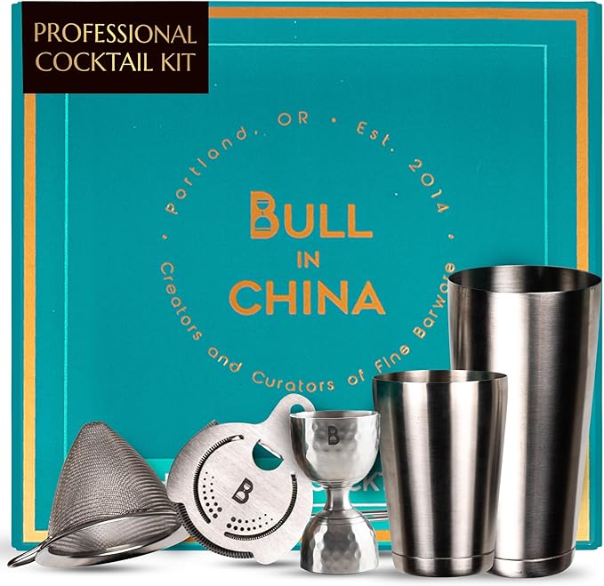 5 Piece Cocktail Kit by Bull In China - Premium Bartender Gift Set Includes Weighted 2 Piece Boston Shaker, Hammered Bell Jigger, Hawthorne Strainer & Fine Mesh Strainer (Stainless Steel)