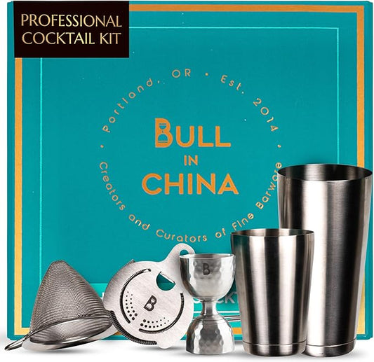 5 Piece Cocktail Kit by Bull In China - Premium Bartender Gift Set Includes Weighted 2 Piece Boston Shaker, Hammered Bell Jigger, Hawthorne Strainer & Fine Mesh Strainer (Stainless Steel)