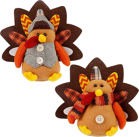 Lulu Home Thanksgiving Tabletop Decoration - Set of 2 Plush Standing Turkey Couple & Shelf Sitters Centerpiece - Fall Home Decor